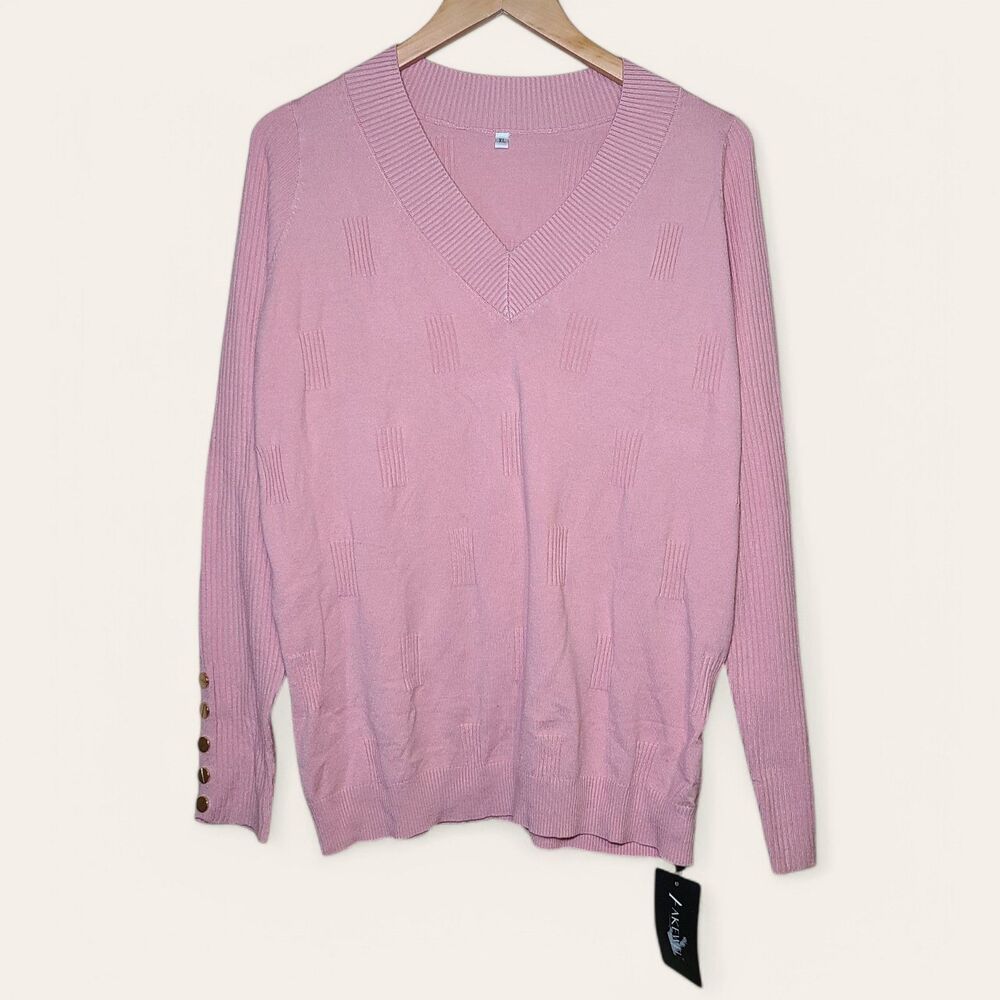 AKEWEI Women's V-Neck Sweater Dusty Pink Lightweight Knit Pullover Top Size XL